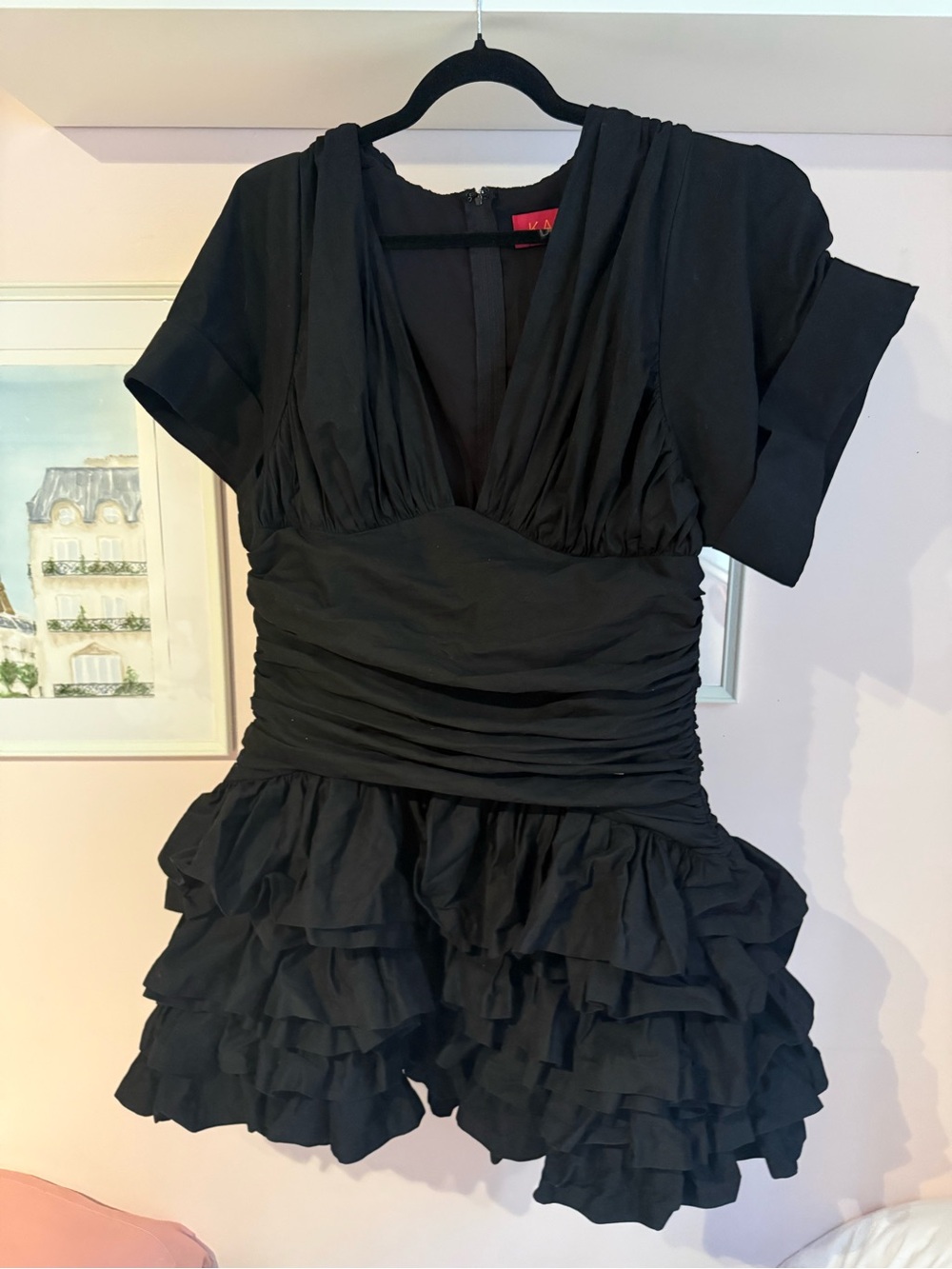 Black Ruffle Mini Dress with Ruched Waist - Picture 2 of 4